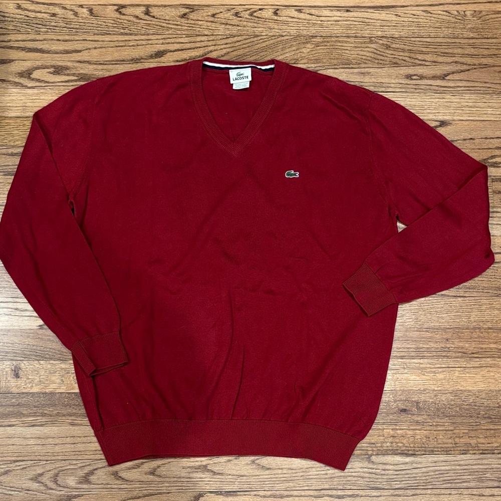 Lacoste Men's V-Neck Sweater in Deep Red with Green Crocodile Logo XXL/7
